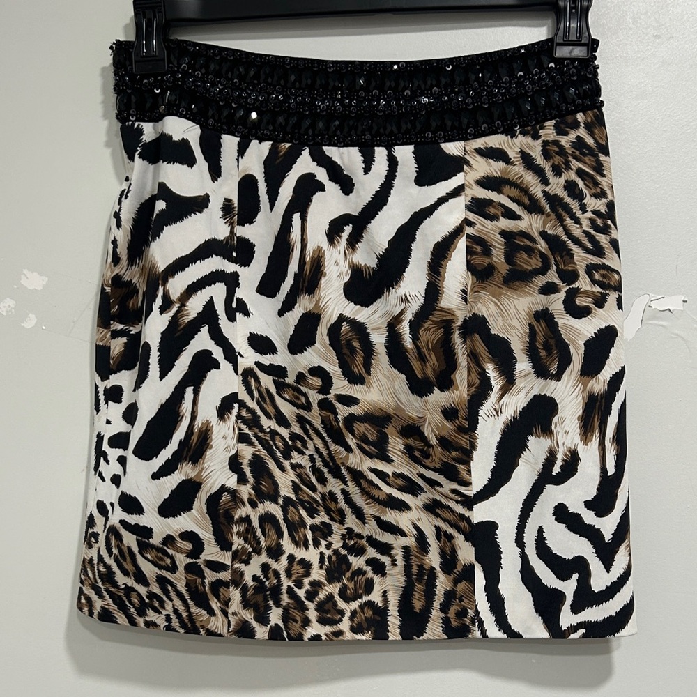 Rachel Allan Animal Print Zebra Leopard Beaded Mini Skirt Black 8